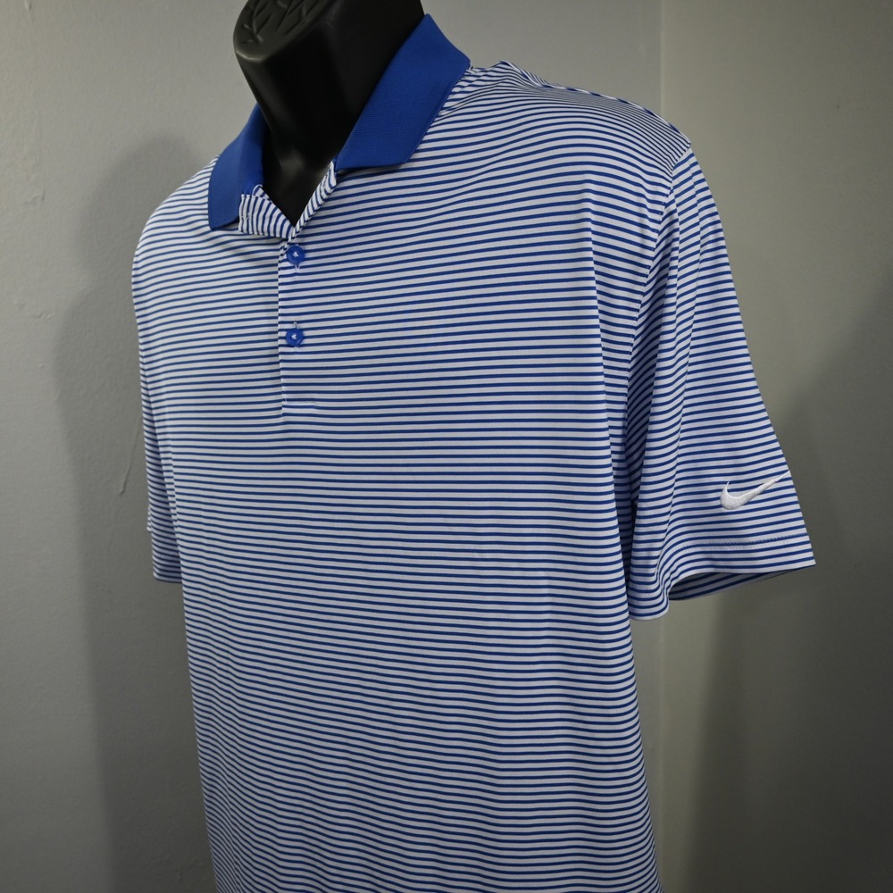 Nike Golf Polo Mens XXL Standard Fit Blue White Striped Dri-Fit Short Sleeve
